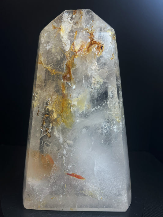 Outstanding Clear Quartz with Hematite inclusion Tower Prism Point Free Standing Statement Piece Perfect Gift From Madagascar