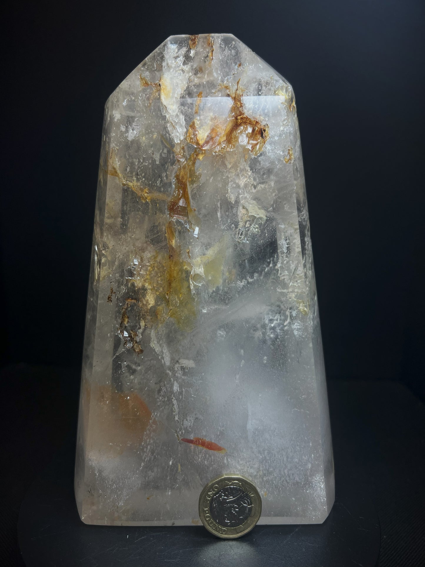 Outstanding Clear Quartz with Hematite inclusion Tower Prism Point Free Standing Statement Piece Perfect Gift From Madagascar