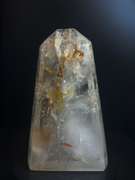 Outstanding Clear Quartz with Hematite inclusion Tower Prism Point Free Standing Statement Piece Perfect Gift From Madagascar