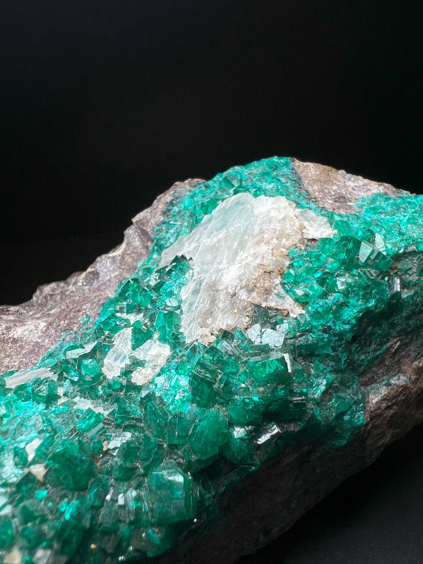 Outstanding Large Dioptase With Calcite On Matrix From Tsumeb Mine, Namibia- Collectors Piece