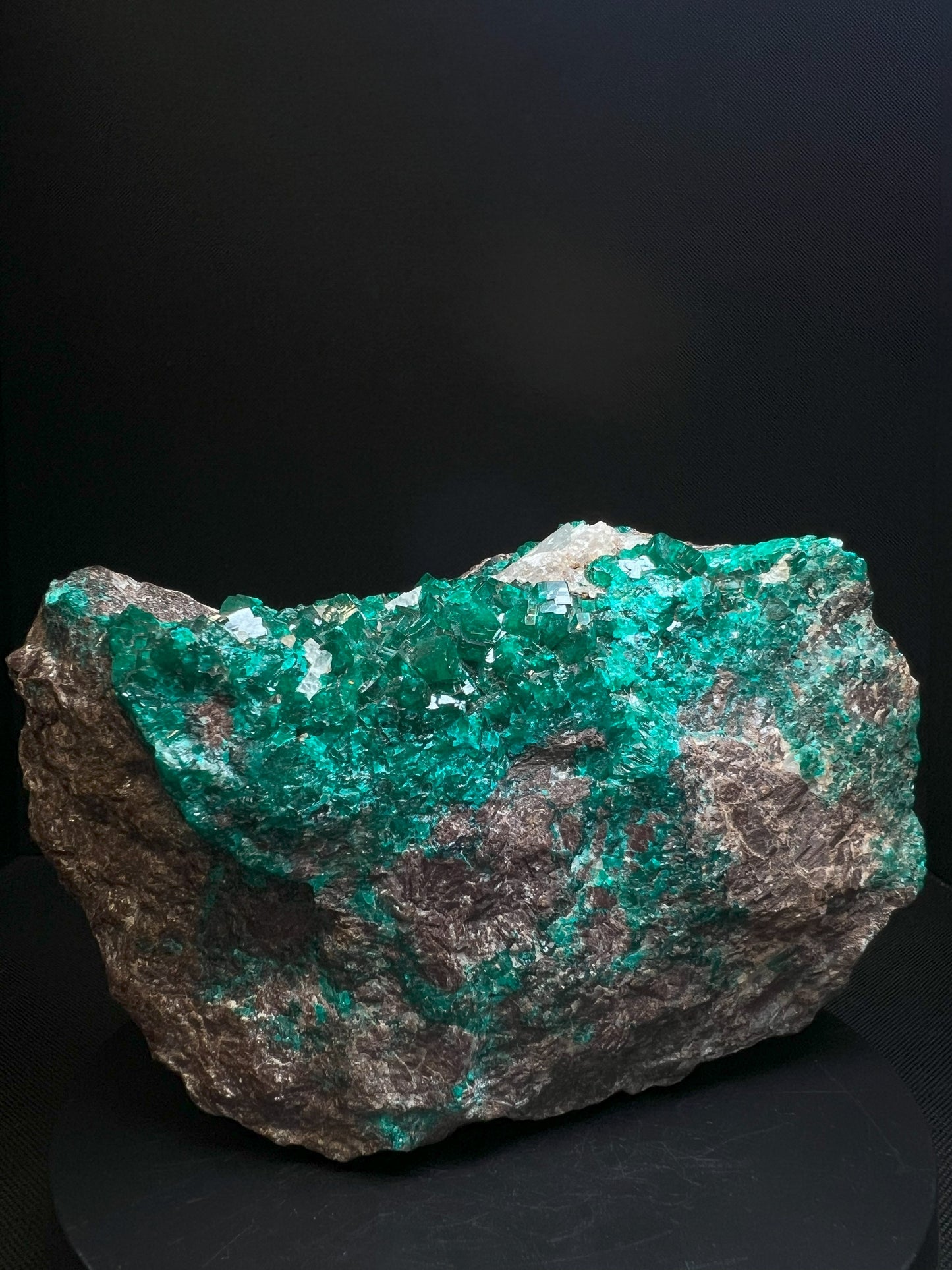 Outstanding Large Dioptase With Calcite On Matrix From Tsumeb Mine, Namibia- Collectors Piece