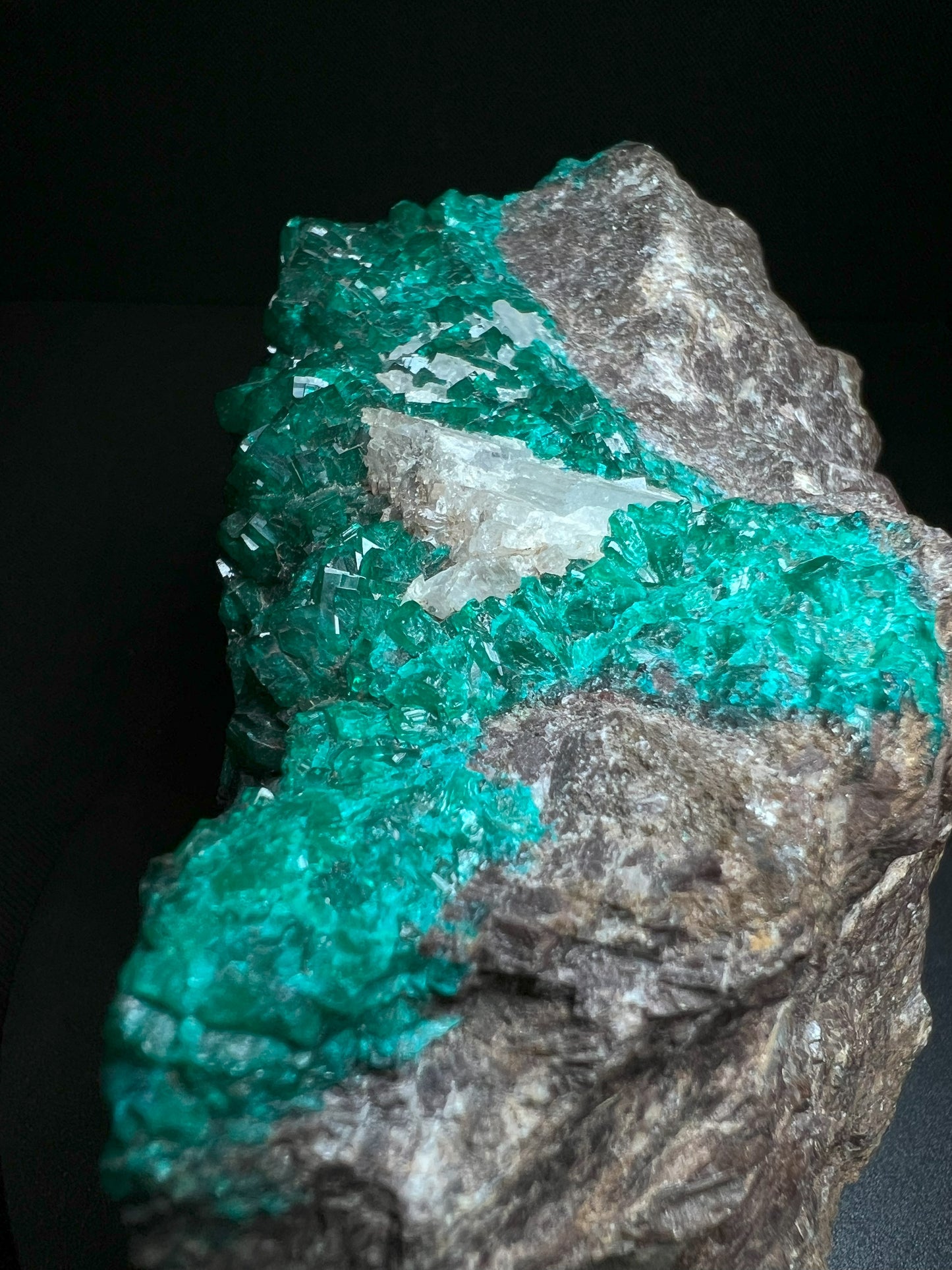 Outstanding Large Dioptase With Calcite On Matrix From Tsumeb Mine, Namibia- Collectors Piece
