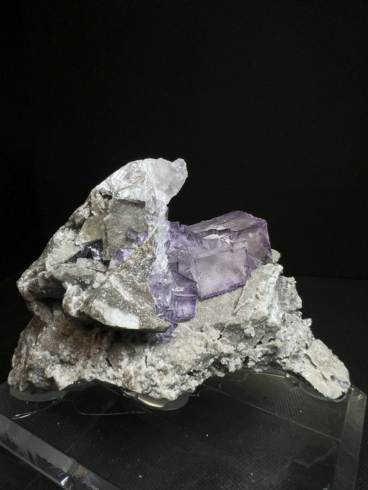 Purple Fluorite Phantom Cubes With Calcite From Elmwood Mine, Carthage, Smith County, Tennessee, USA (Stand Included) Collectors Piece