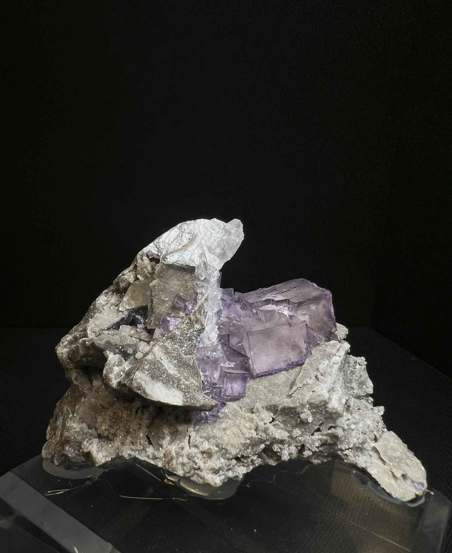 Purple Fluorite Phantom Cubes With Calcite From Elmwood Mine, Carthage, Smith County, Tennessee, USA (Stand Included) Collectors Piece