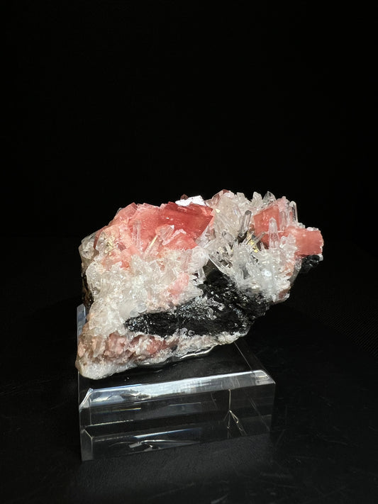 Rhodochrosite, Wolframite & Quartz From Pasto Bueno, Pampas District, Pallasca Province, Ancash, Peru (Stand Included) Collectors Piece