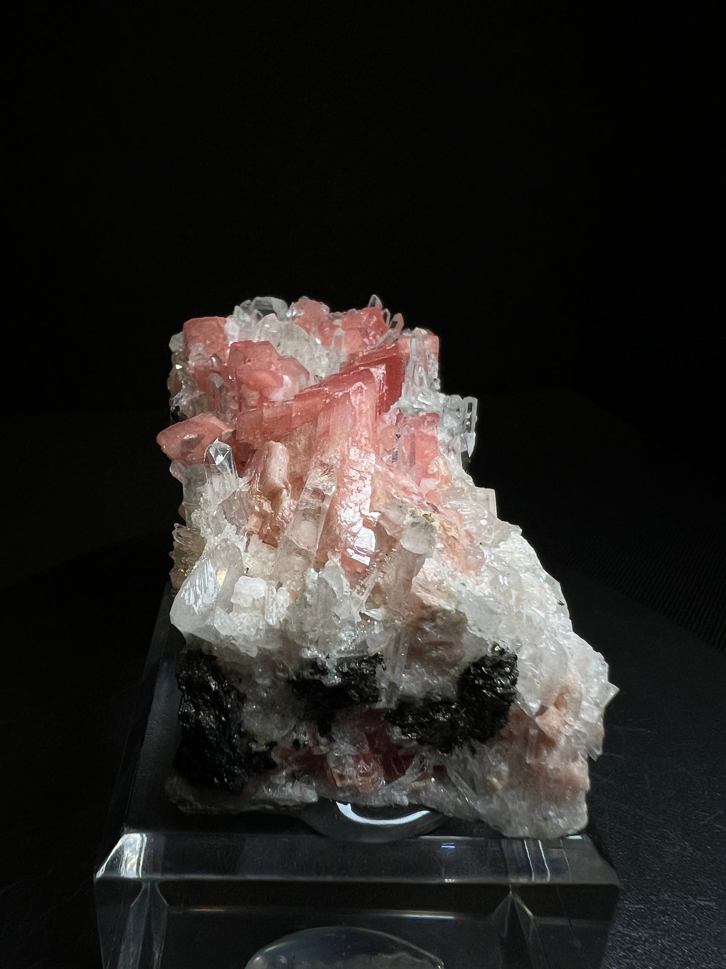 Rhodochrosite, Wolframite & Quartz From Pasto Bueno, Pampas District, Pallasca Province, Ancash, Peru (Stand Included) Collectors Piece