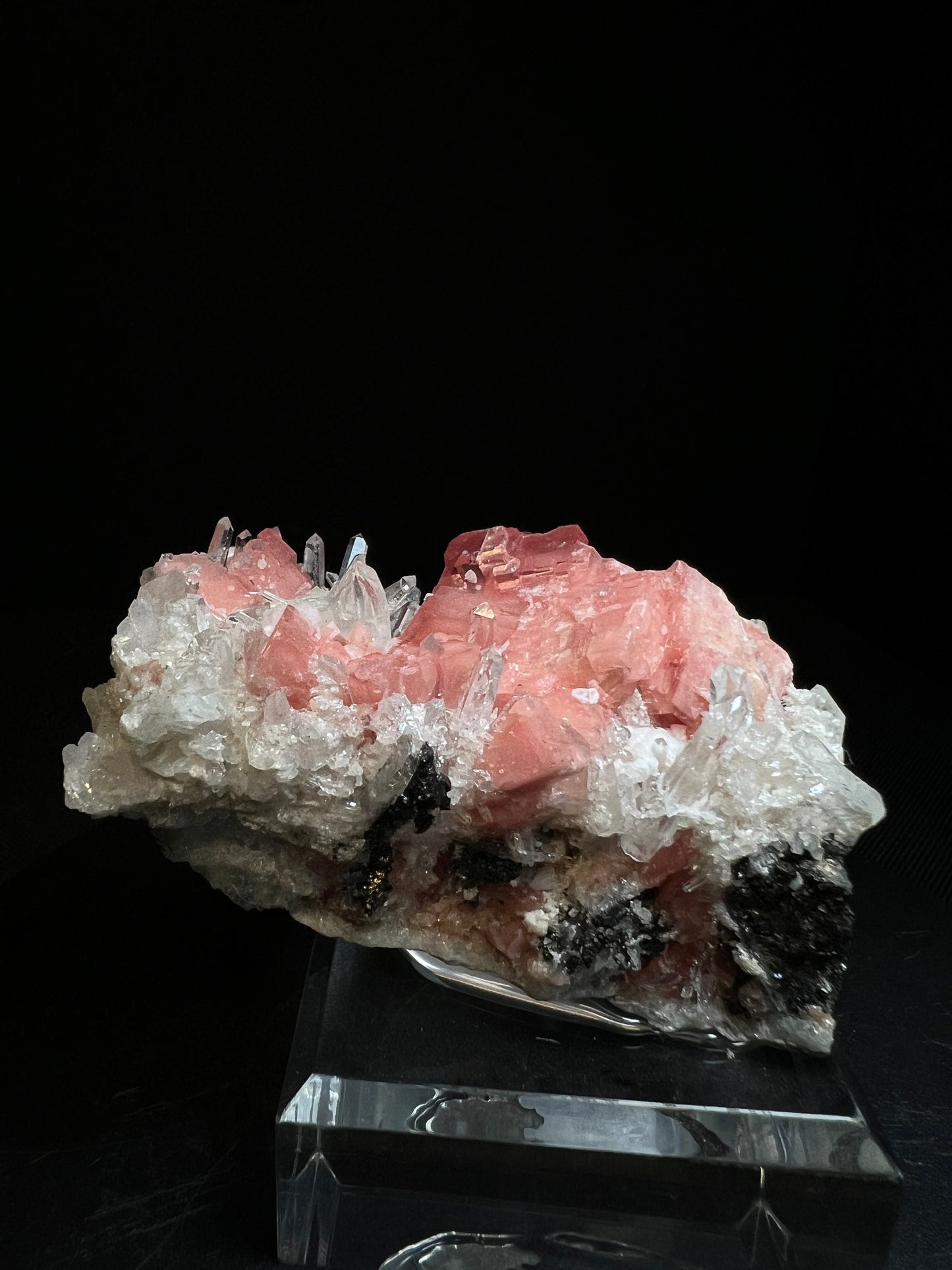 Rhodochrosite, Wolframite & Quartz From Pasto Bueno, Pampas District, Pallasca Province, Ancash, Peru (Stand Included) Collectors Piece