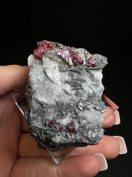 Outstanding Rare Proustite With Skeletal Formation Silver On Calcite From Bouismas Mine, Draa-Tafilalet, Morocco- Collectors Piece