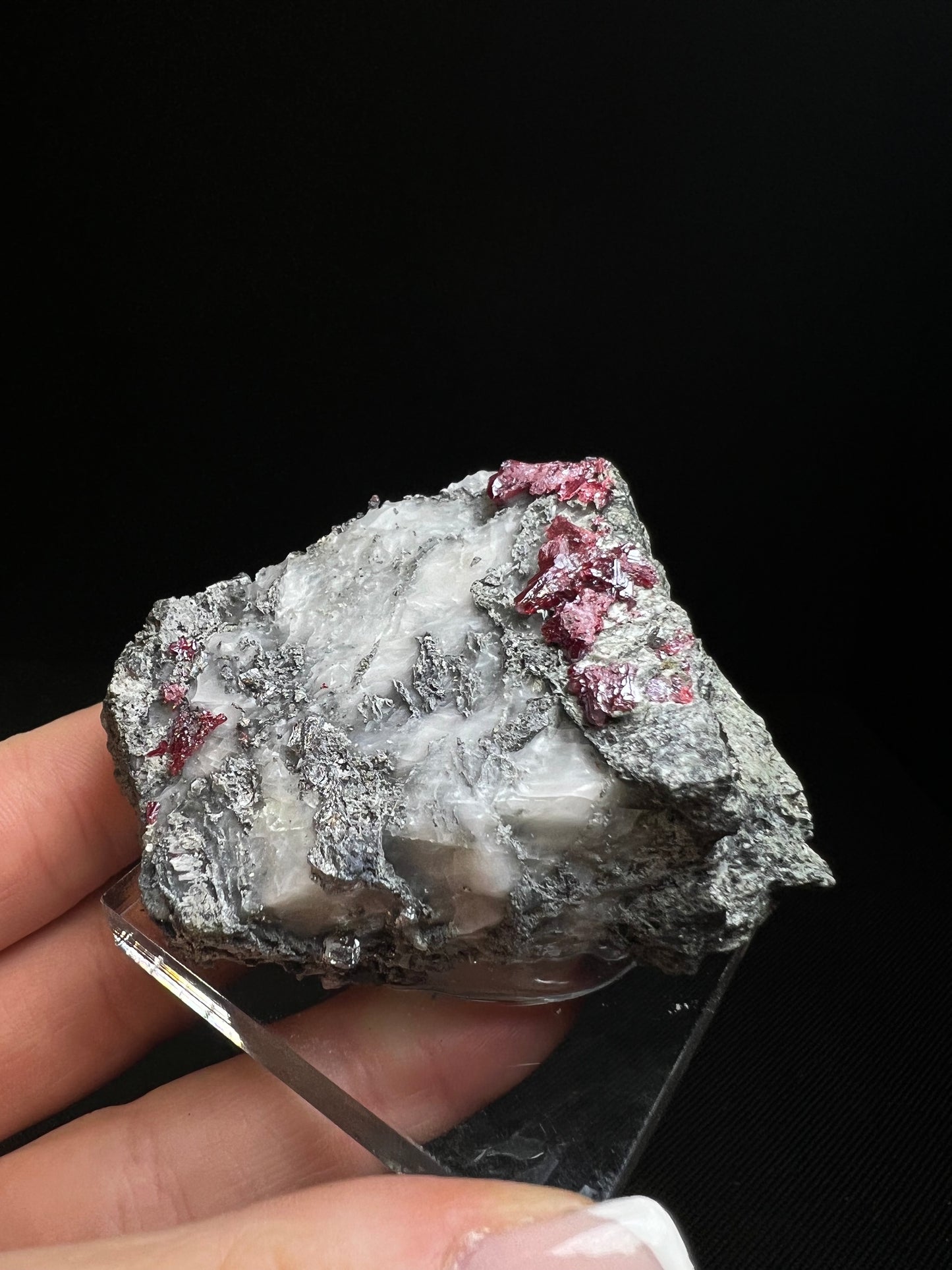 Outstanding Rare Proustite With Skeletal Formation Silver On Calcite From Bouismas Mine, Draa-Tafilalet, Morocco- Collectors Piece