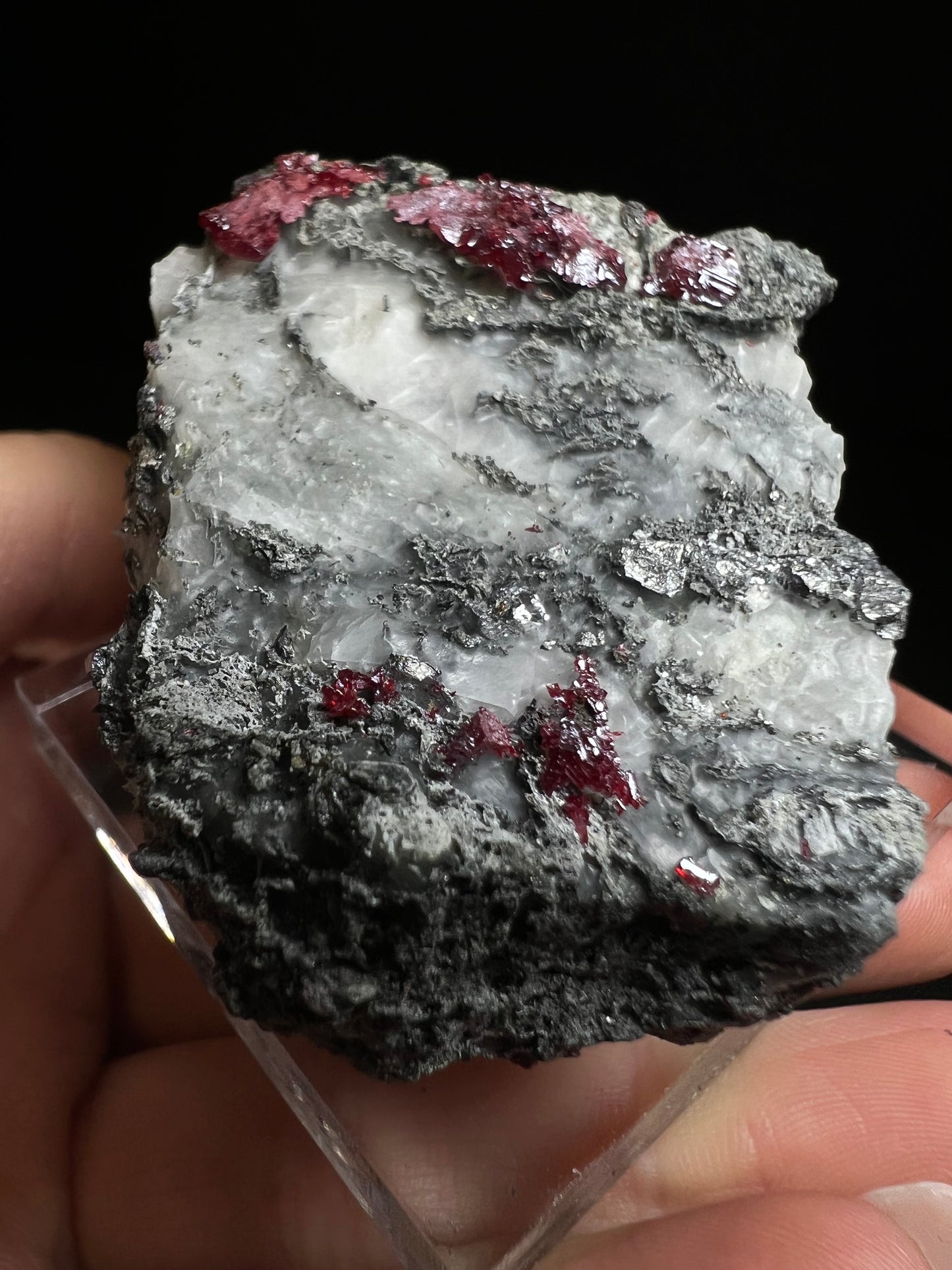 Outstanding Rare Proustite With Skeletal Formation Silver On Calcite From Bouismas Mine, Draa-Tafilalet, Morocco- Collectors Piece