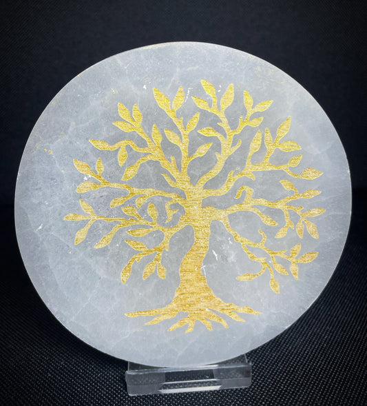 Gorgeous Selenite Tree Of Life Circle Gold Leaf Hand Crystal Charging Plate disc From Morocco