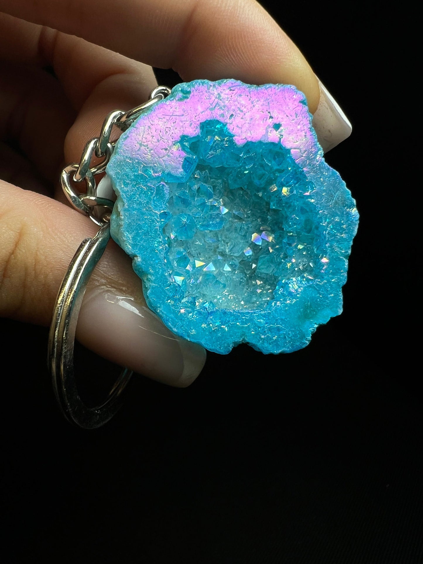 Real Dyed Crystal Geode Keyring- Tool (Sold Individually)