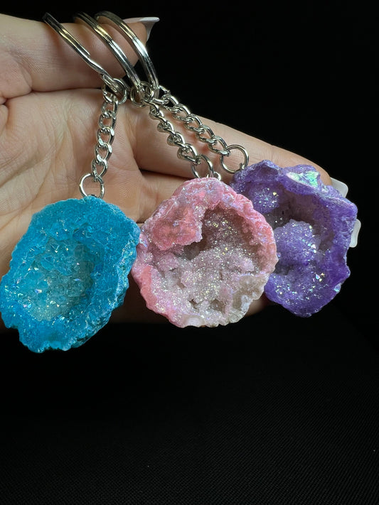 Real Dyed Crystal Geode Keyring- Tool (Sold Individually)