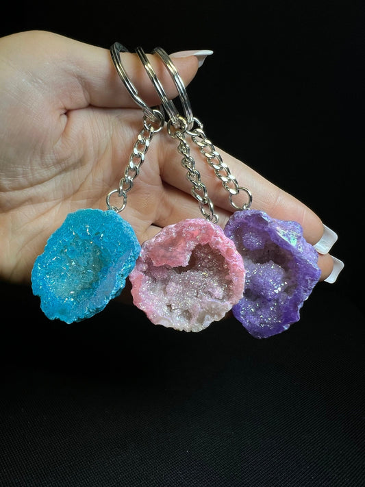 Real Dyed Crystal Geode Keyring- Tool (Sold Individually)