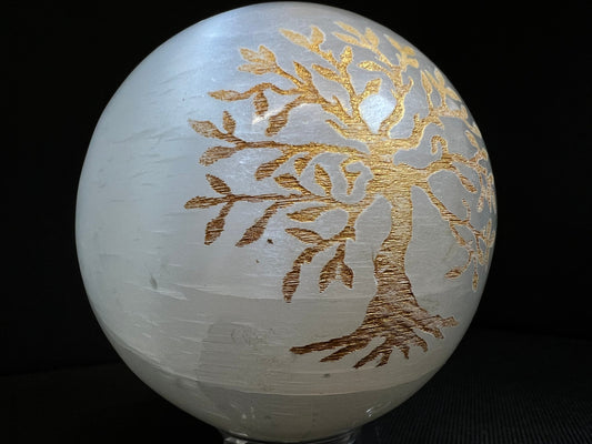 Gold Tree Of Life Carving On A Selenite Sphere- Home Decor, Statement Piece, Gift, Charging Crystal, Crystal Healing