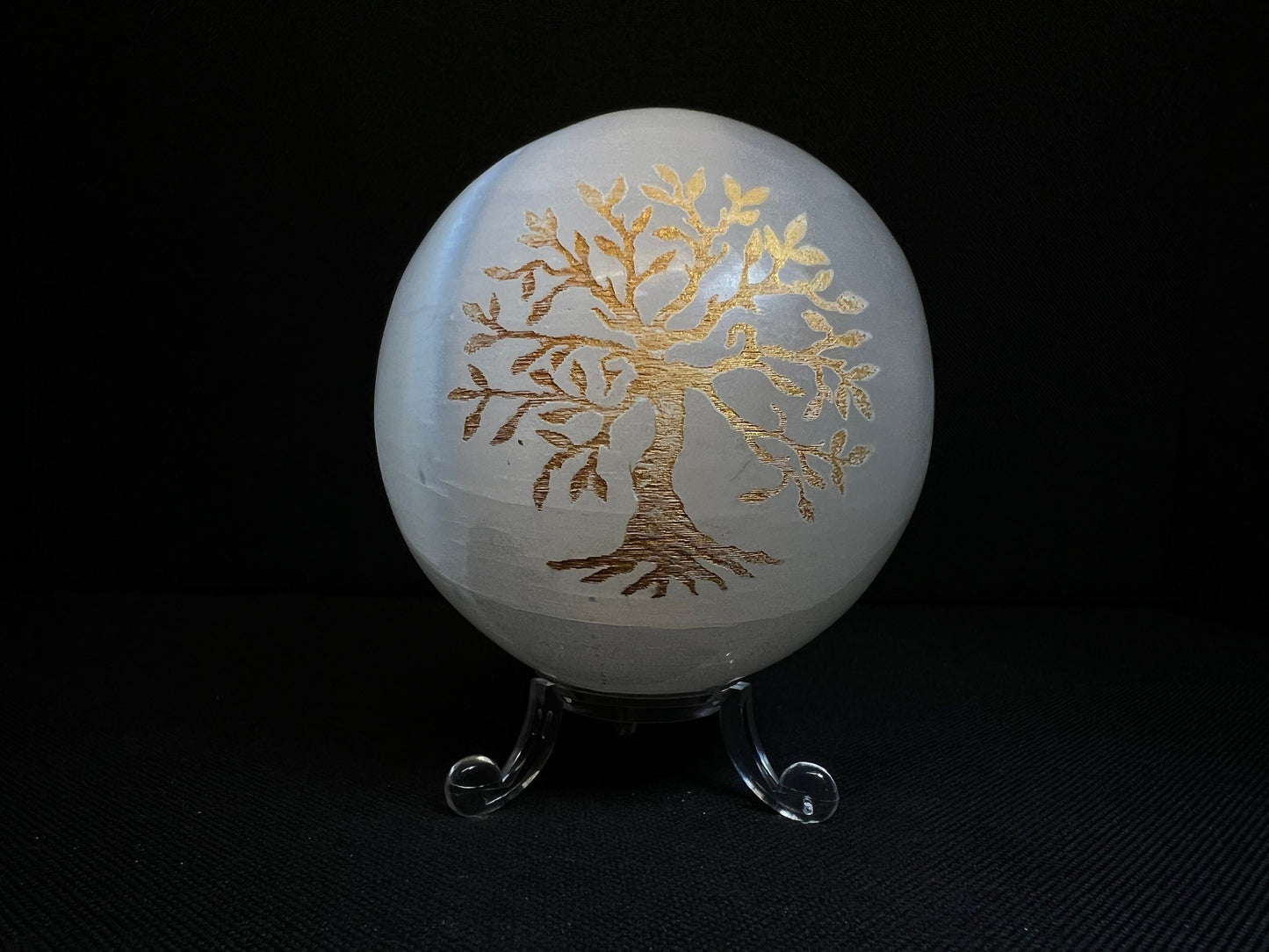 Gold Tree Of Life Carving On A Selenite Sphere- Home Decor, Statement Piece, Gift, Charging Crystal, Crystal Healing