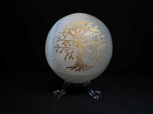 Gold Tree Of Life Carving On A Selenite Sphere- Home Decor, Statement Piece, Gift, Charging Crystal, Crystal Healing