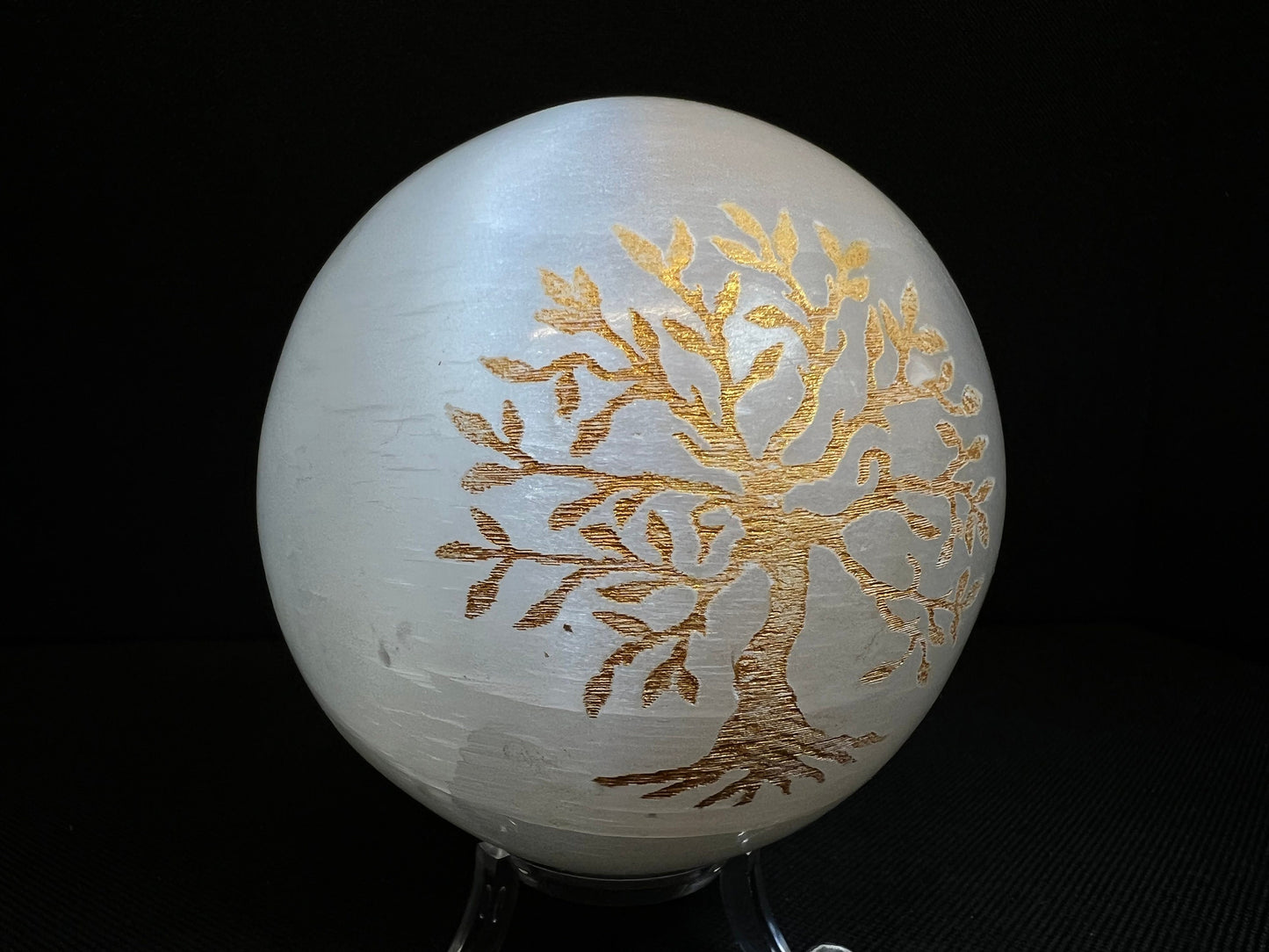 Gold Tree Of Life Carving On A Selenite Sphere- Home Decor, Statement Piece, Gift, Charging Crystal, Crystal Healing