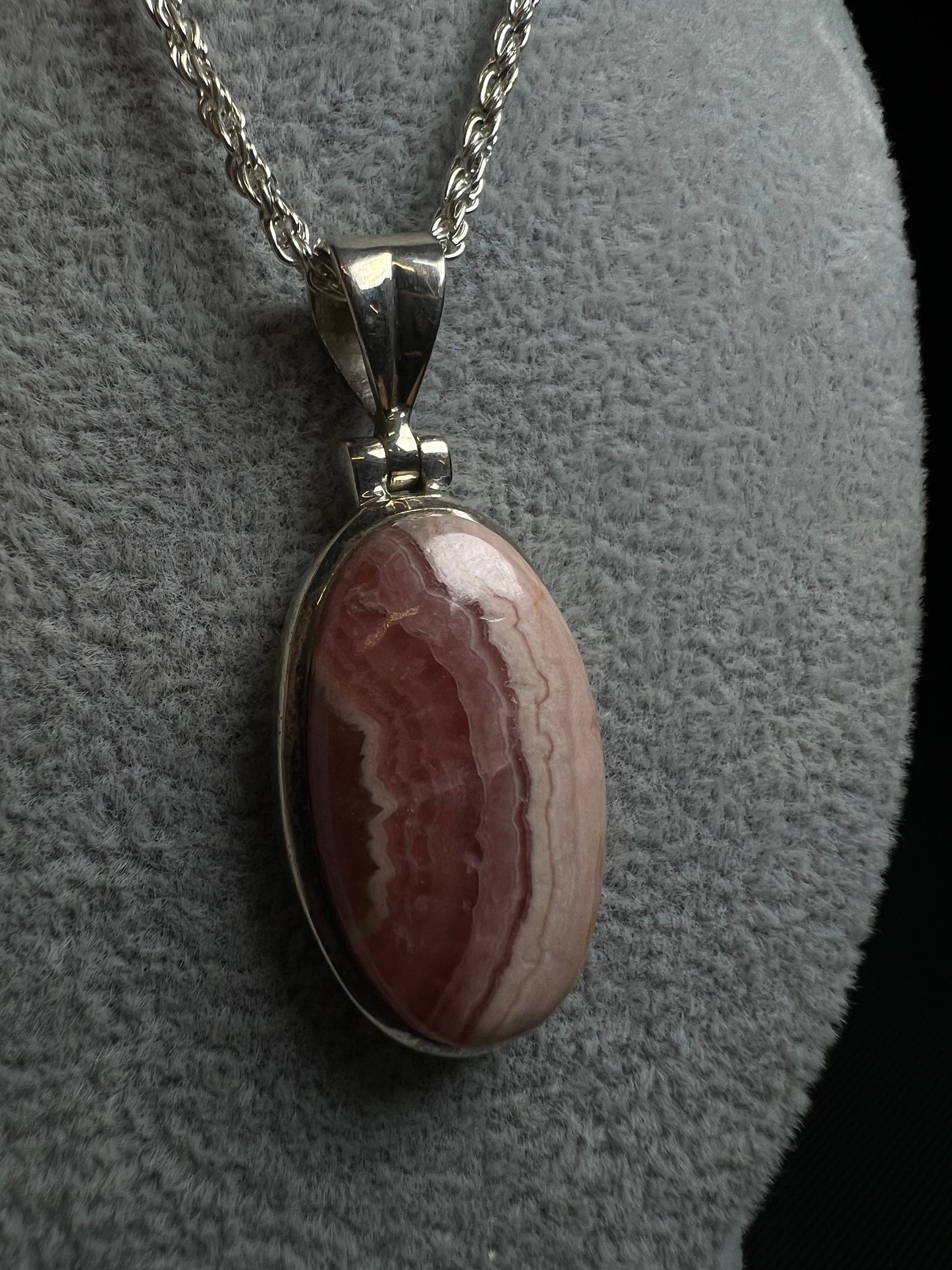 Rhodochrosite Pendant On A Silver Plated, Nickel Free, Rope Chain- Necklace, Jewellery, Gift, Crystal Healing, Statement Piece