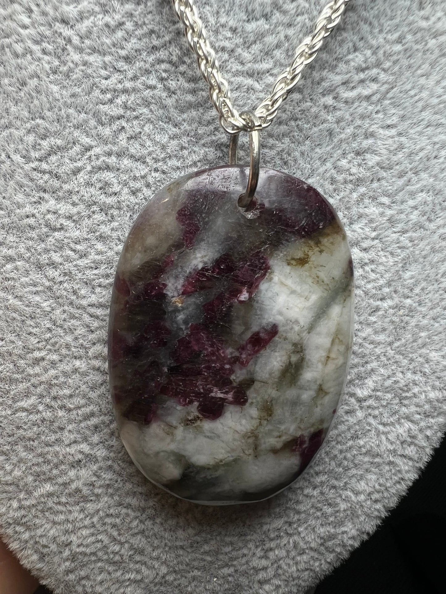 Rubellite Pendant On A Silver Plated, Nickel Free, Rope Chain- Necklace, Jewellery, Gift, Crystal Healing, Statement Piece