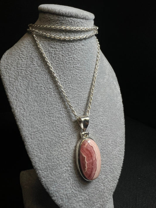 Rhodochrosite Pendant On A Silver Plated, Nickel Free, Rope Chain- Necklace, Jewellery, Gift, Crystal Healing, Statement Piece