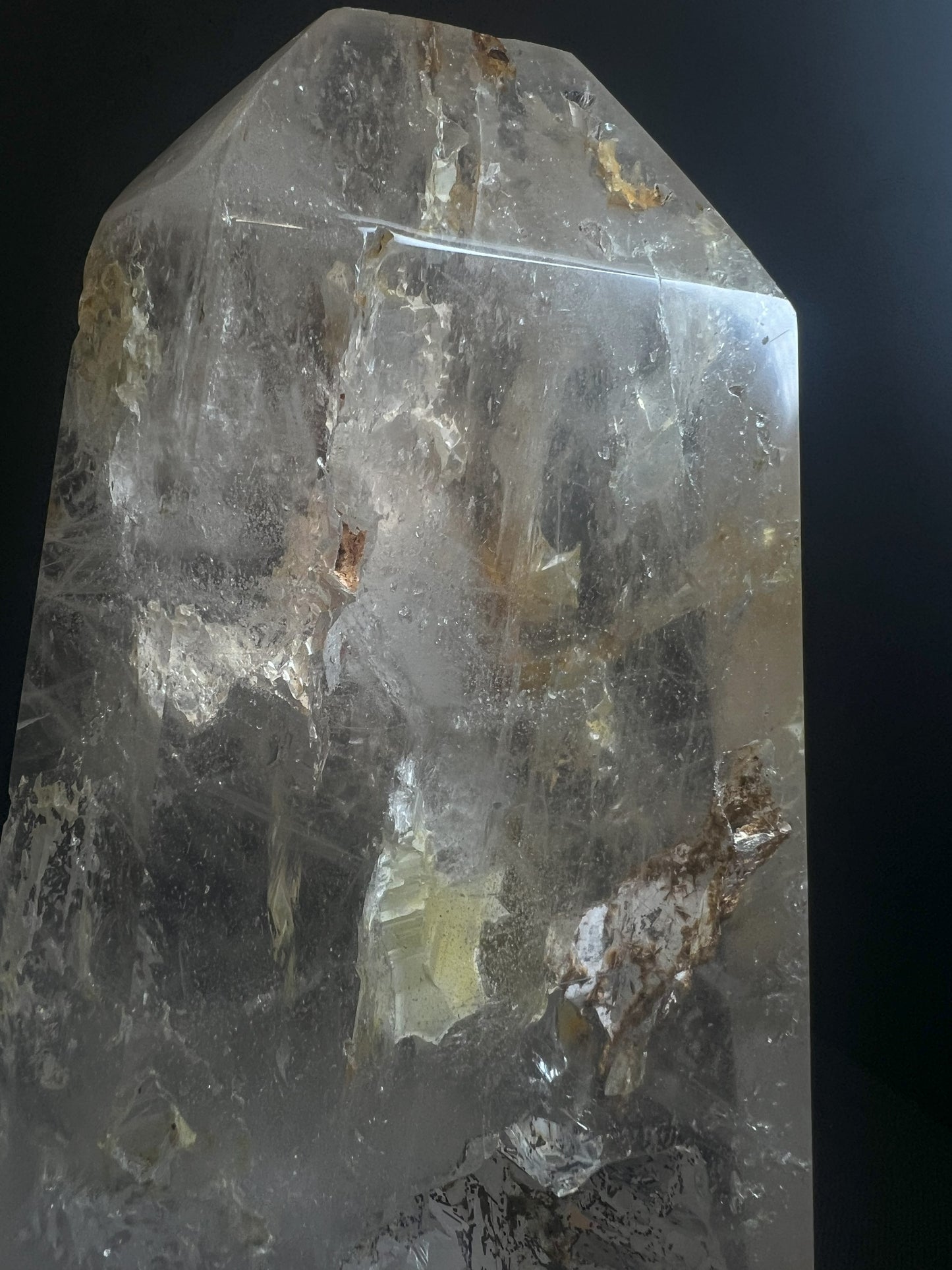 Outstanding Clear Quartz with Hematite inclusion Tower Prism Point Free Standing Statement Piece Perfect Gift From Madagascar