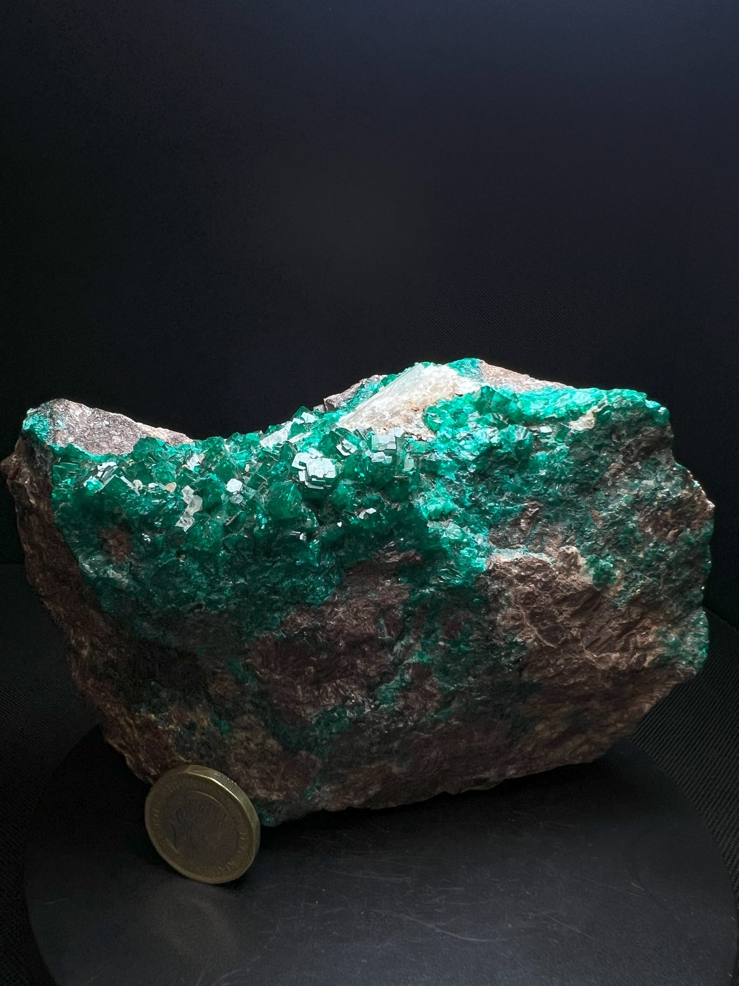 Outstanding Large Dioptase With Calcite On Matrix From Tsumeb Mine, Namibia- Collectors Piece