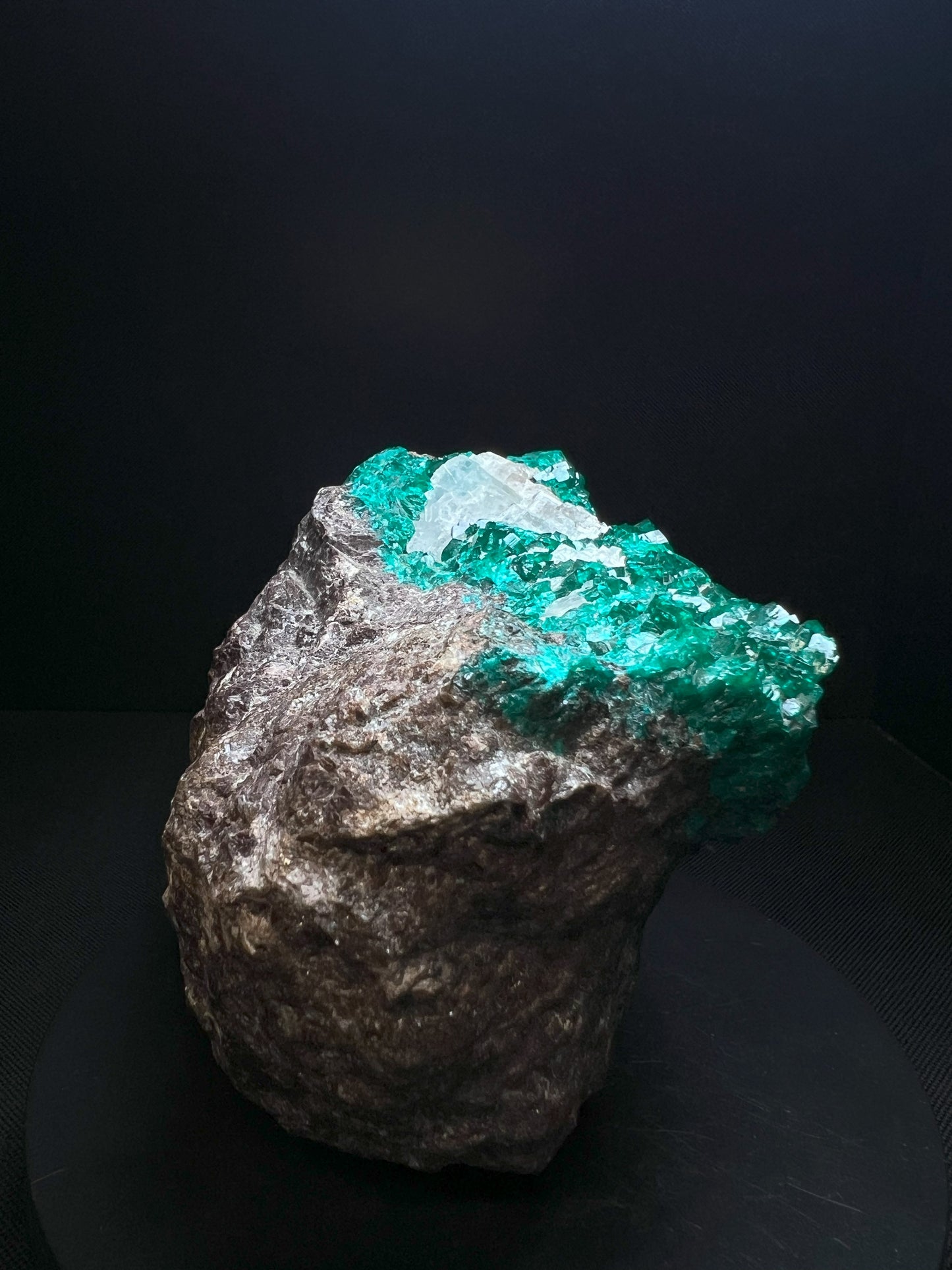Outstanding Large Dioptase With Calcite On Matrix From Tsumeb Mine, Namibia- Collectors Piece