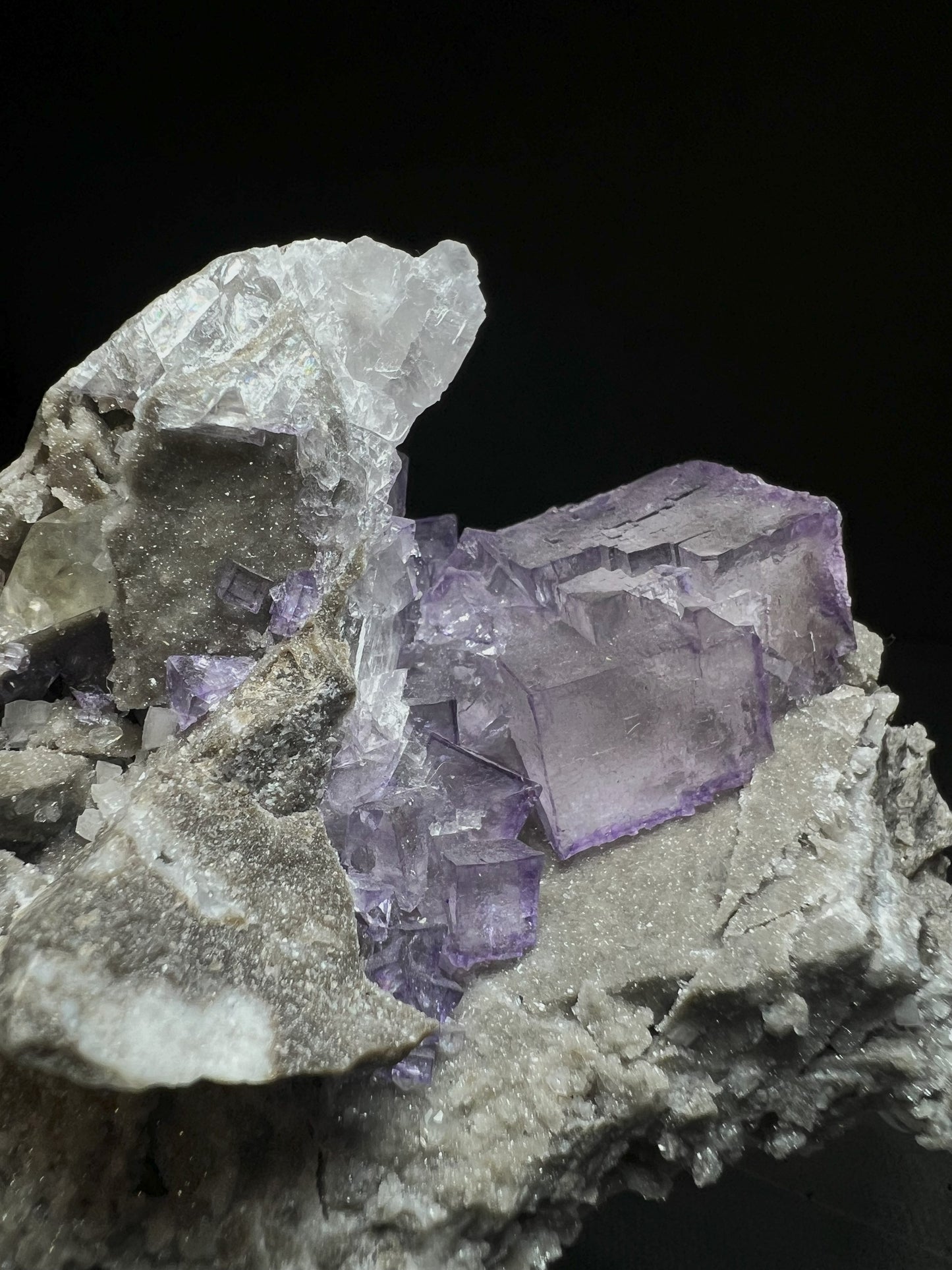 Purple Fluorite Phantom Cubes With Calcite From Elmwood Mine, Carthage, Smith County, Tennessee, USA (Stand Included) Collectors Piece