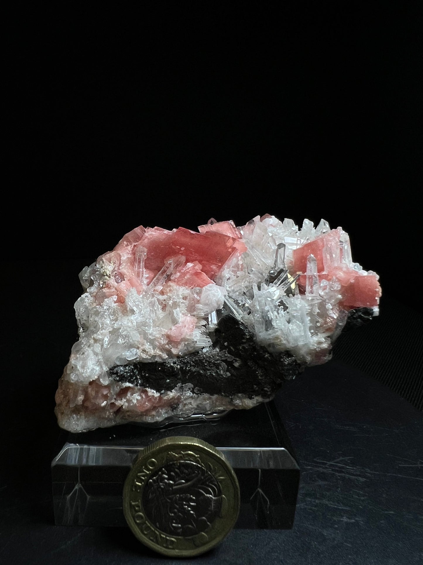 Rhodochrosite, Wolframite & Quartz From Pasto Bueno, Pampas District, Pallasca Province, Ancash, Peru (Stand Included) Collectors Piece