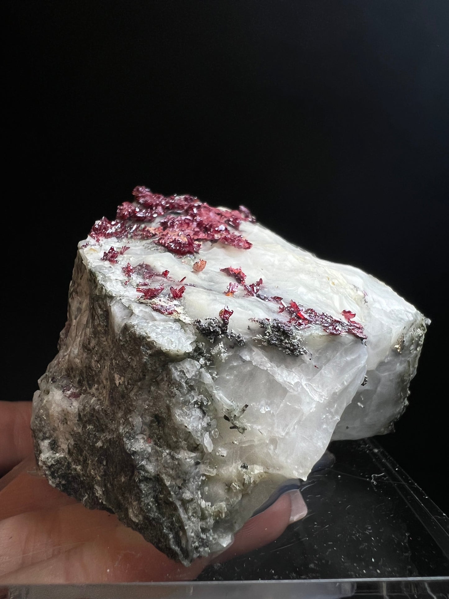 Outstanding Rare Proustite With Skeletal Formation Silver On Calcite From Bouismas Mine, Draa-Tafilalet, Morocco- Collectors Piece