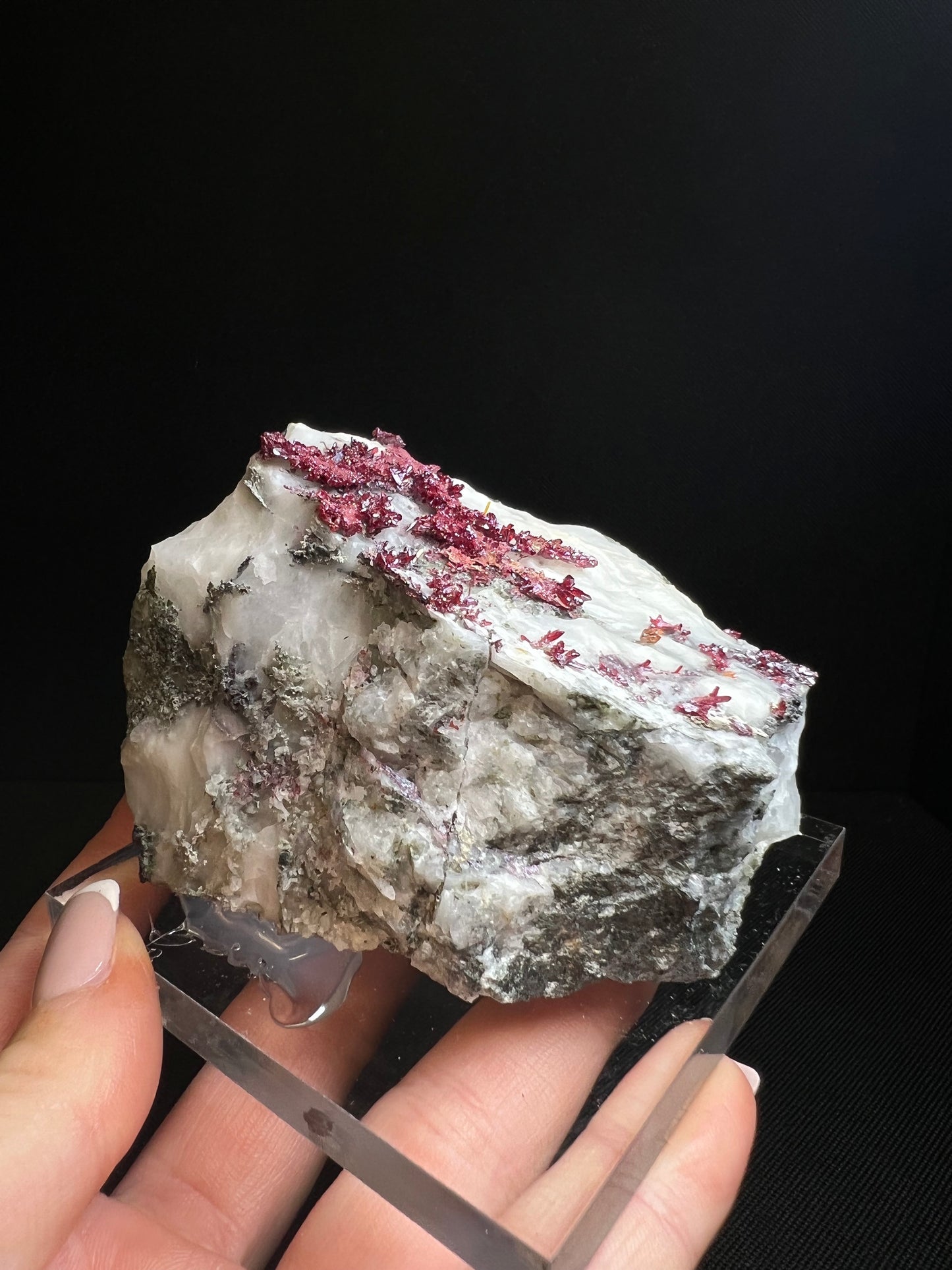 Outstanding Rare Proustite With Skeletal Formation Silver On Calcite From Bouismas Mine, Draa-Tafilalet, Morocco- Collectors Piece