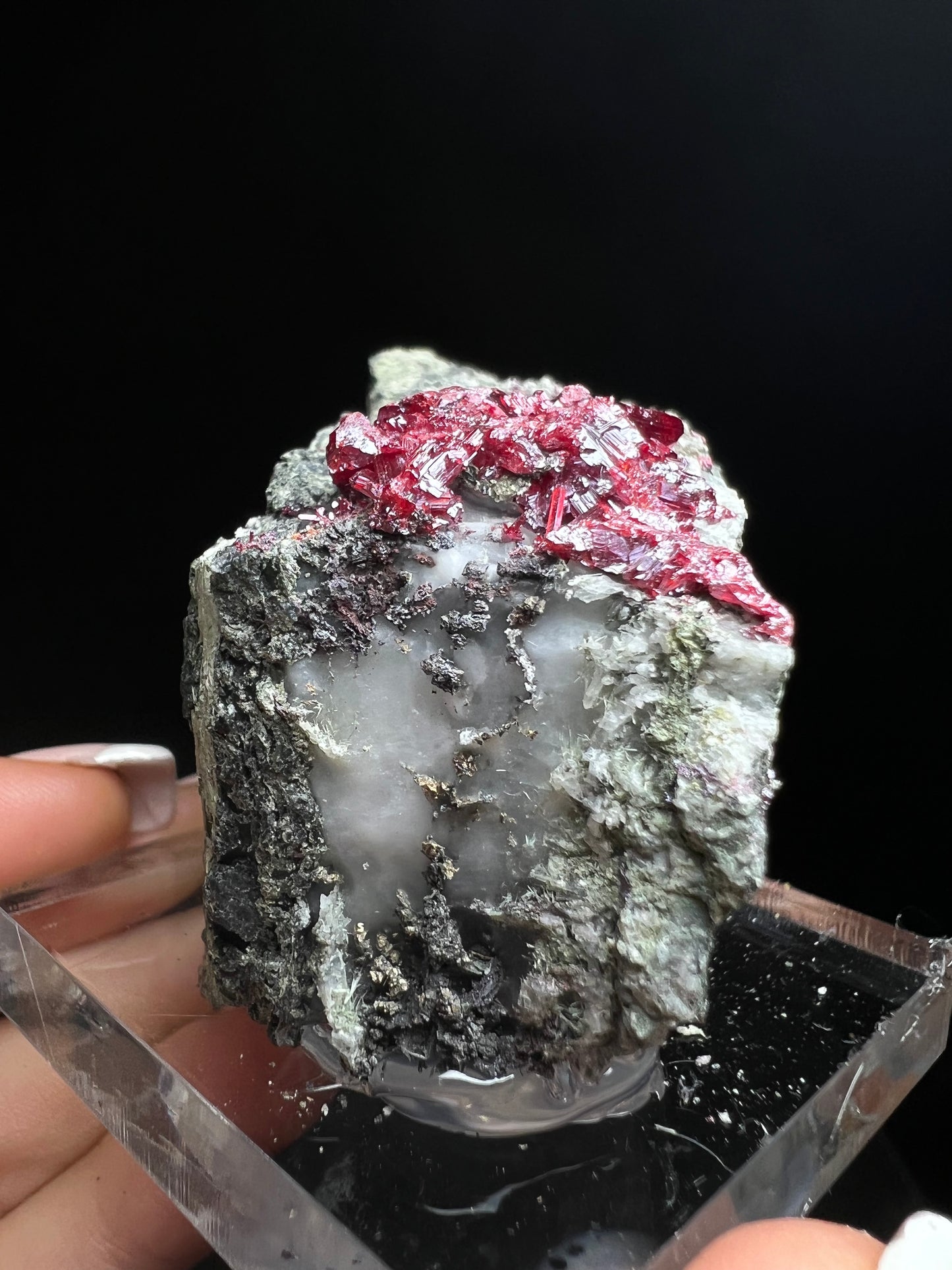 Outstanding Rare Proustite With Skeletal Formation Silver On Calcite From Bouismas Mine, Draa-Tafilalet, Morocco- Collectors Piece