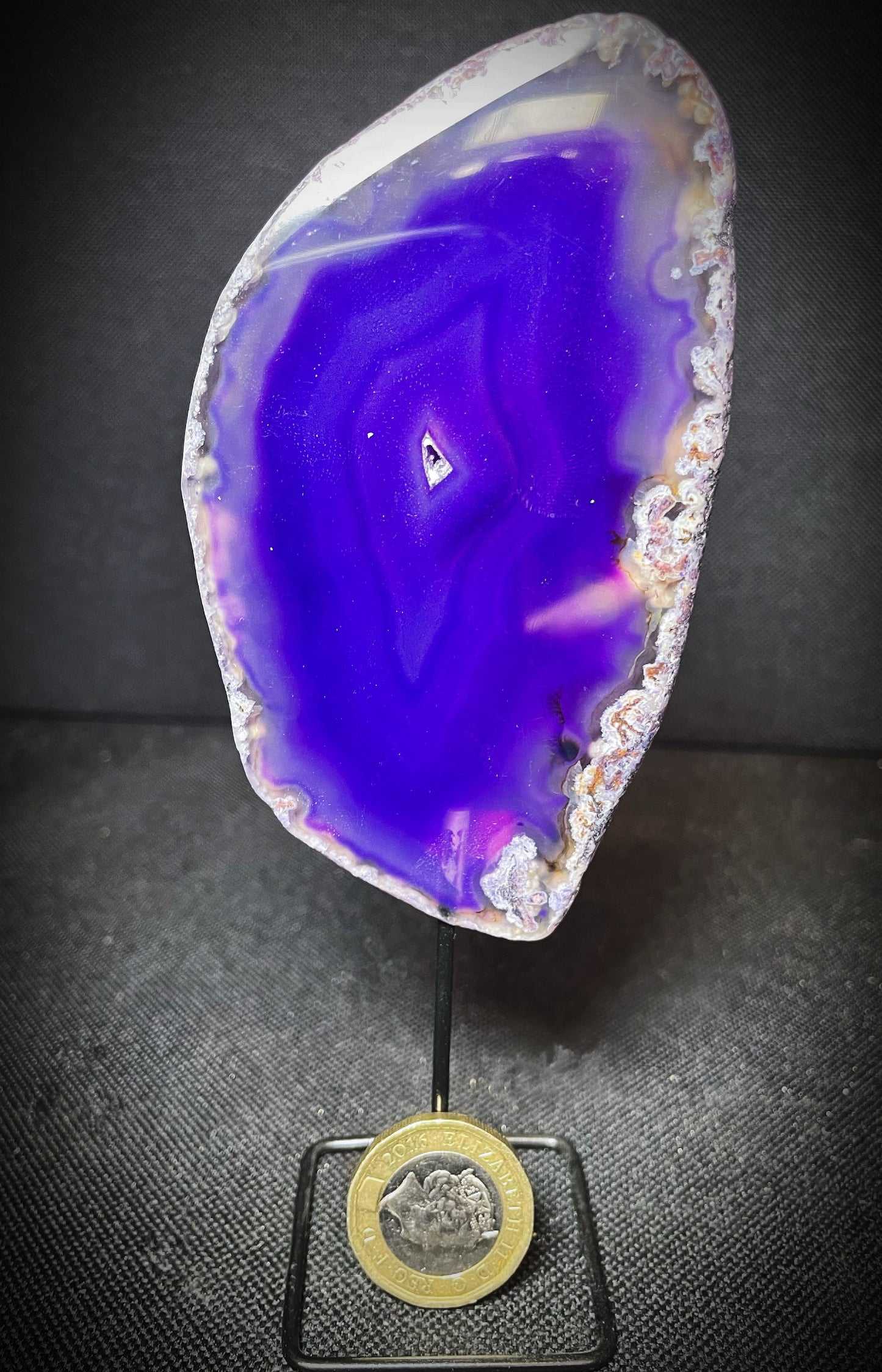 Polished Dyed Purple Agate Slice On A Stand