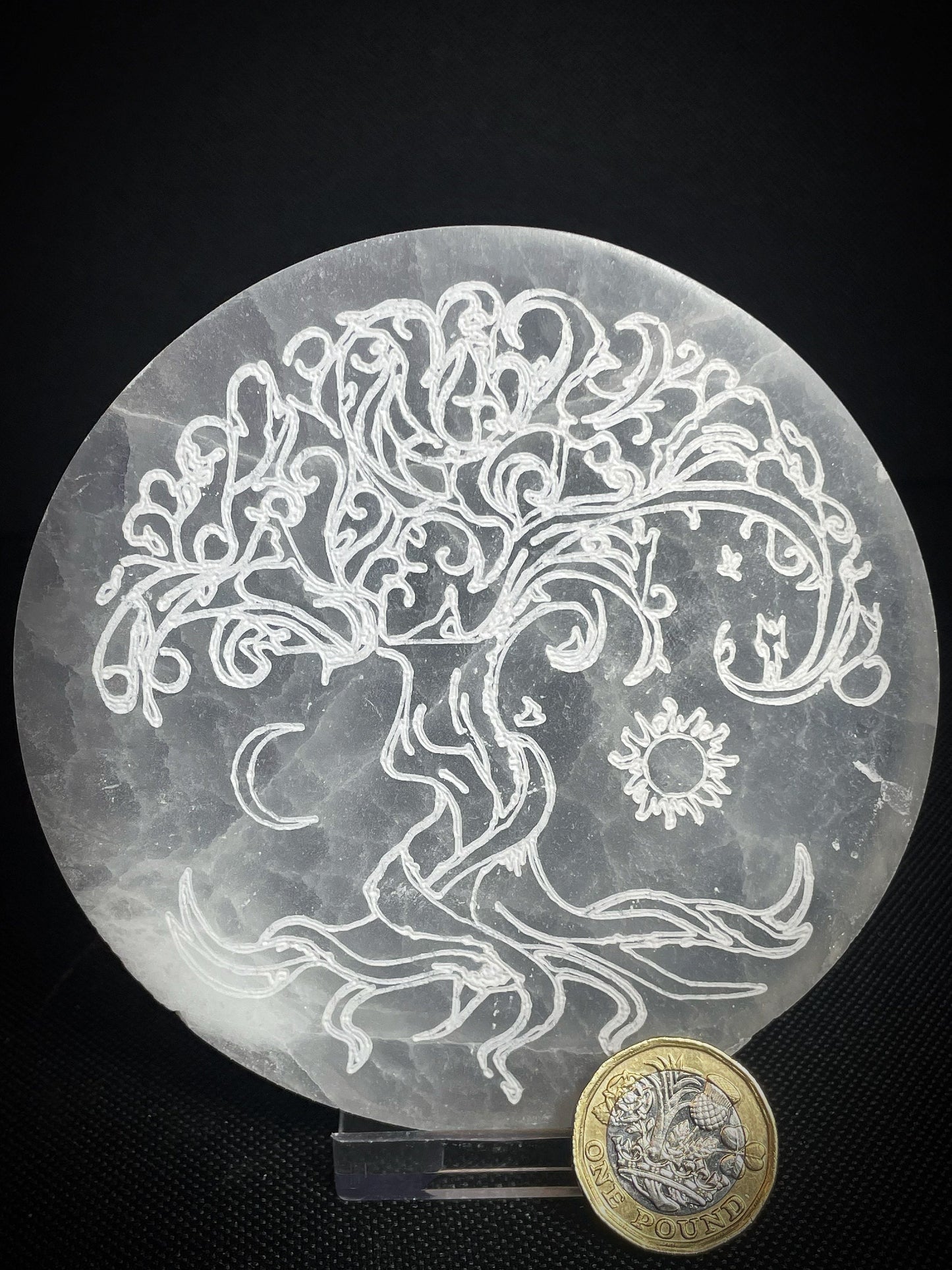 Gorgeous Selenite Circle Tree of Life Crystal Charging Plate disc From Morocco