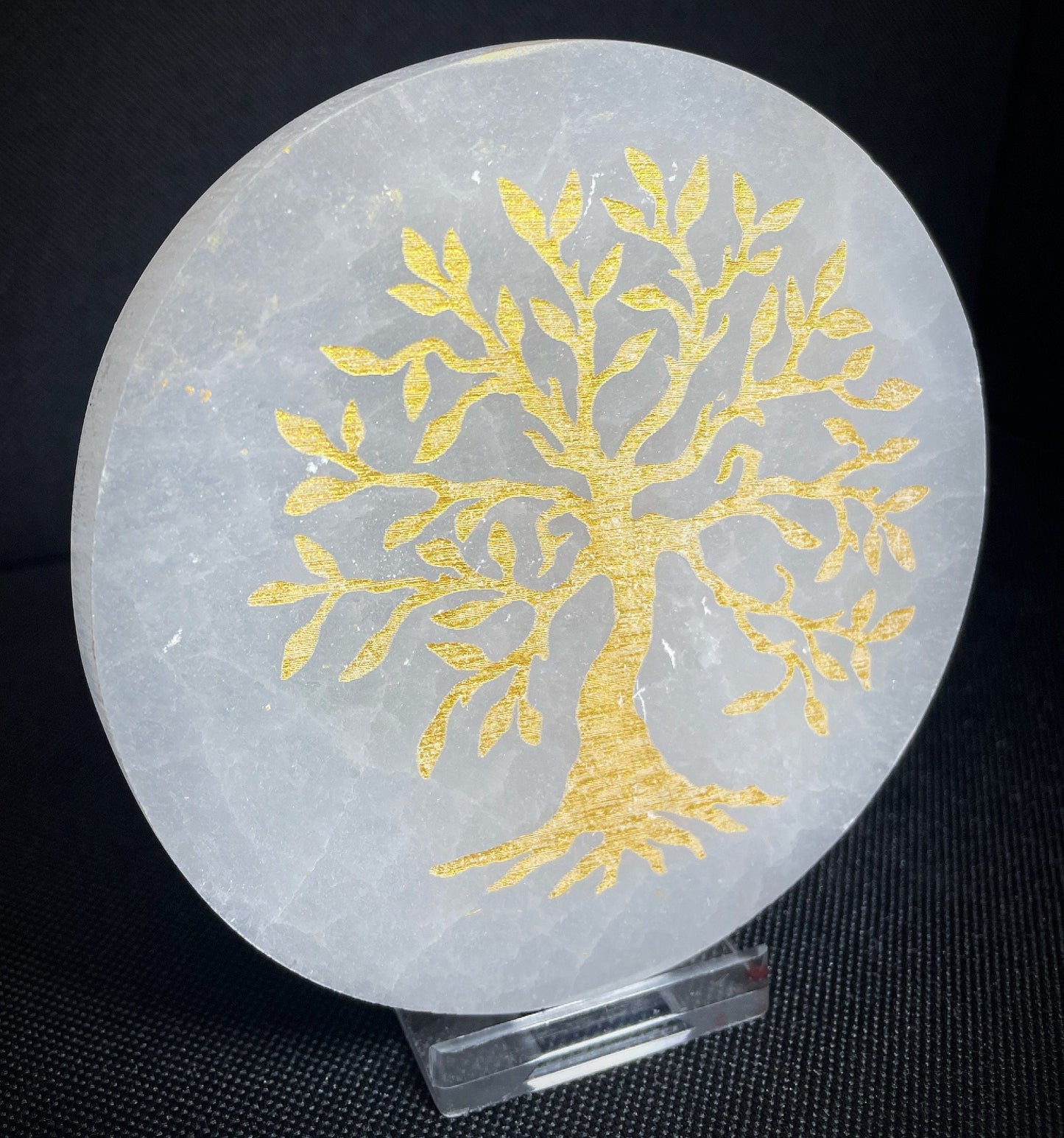 Gorgeous Selenite Tree Of Life Circle Gold Leaf Hand Crystal Charging Plate disc From Morocco