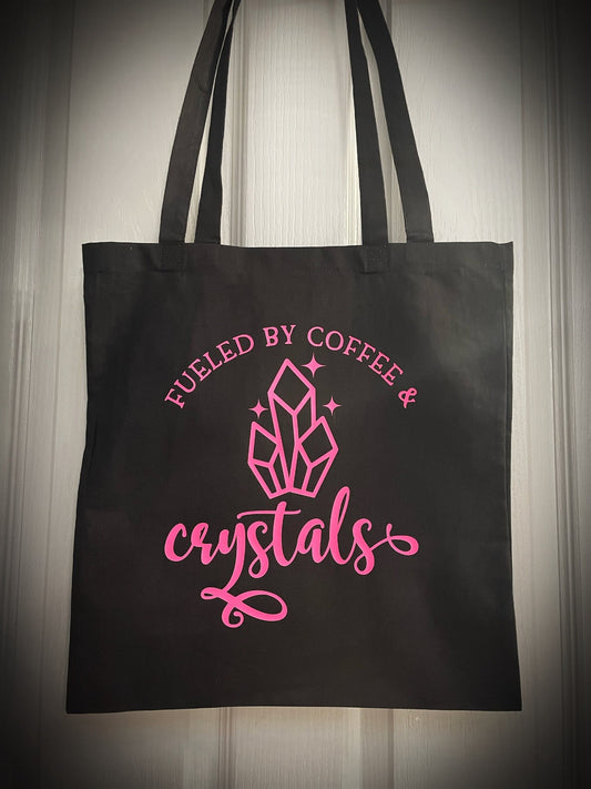 Unique Crystal Quote Pink Tote Bags Perfect Gift (fuelled by coffee and crystals)