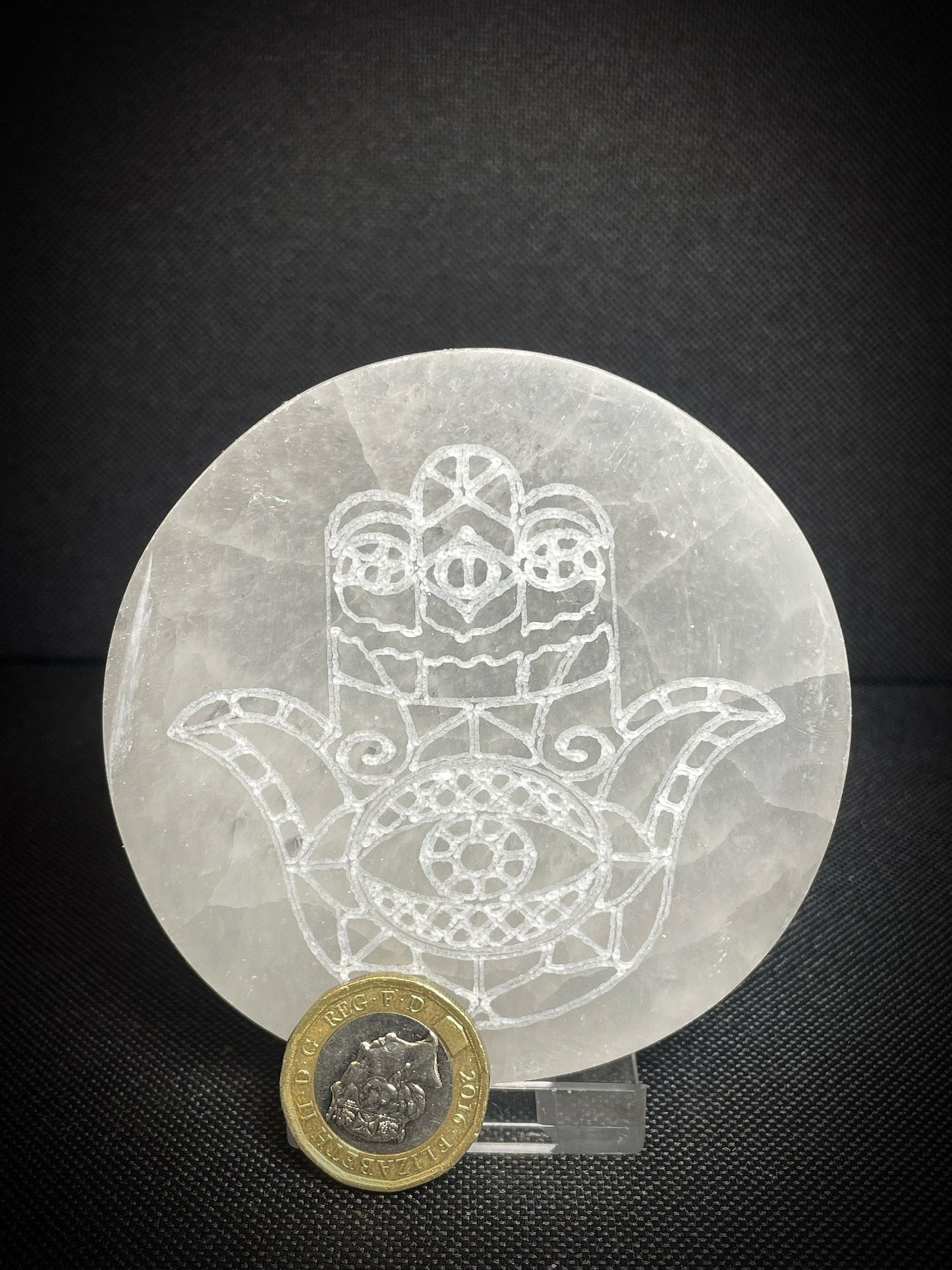Gorgeous Selenite Circle Hamsa Hand Crystal Charging Plate disc From Morocco