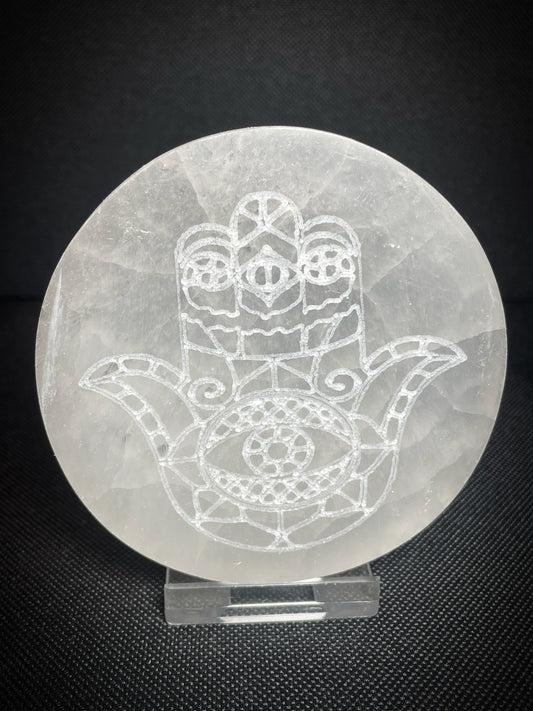 Gorgeous Selenite Circle Hamsa Hand Crystal Charging Plate disc From Morocco