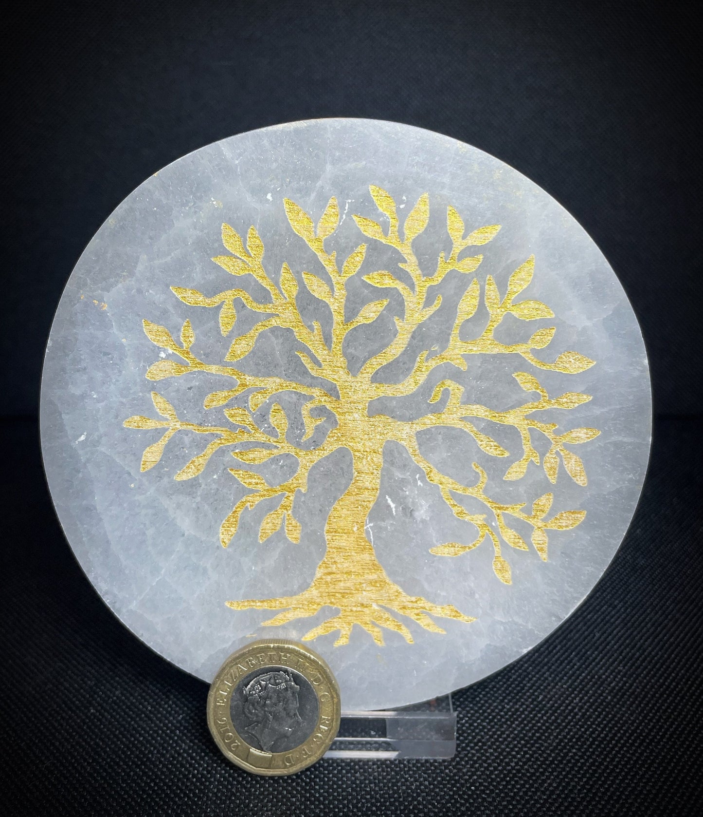 Gorgeous Selenite Tree Of Life Circle Gold Leaf Hand Crystal Charging Plate disc From Morocco