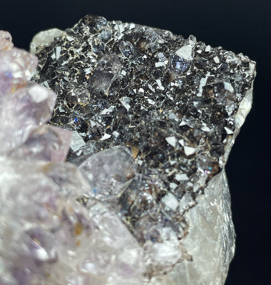 Black Amethyst, Purple Amethyst And Rainbow in Optical Calcite Specimen From Brazil (Stand Included) Collectors Piece