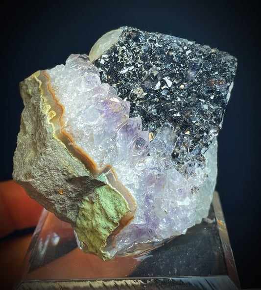 Black Amethyst, Purple Amethyst And Rainbow in Optical Calcite Specimen From Brazil (Stand Included) Collectors Piece