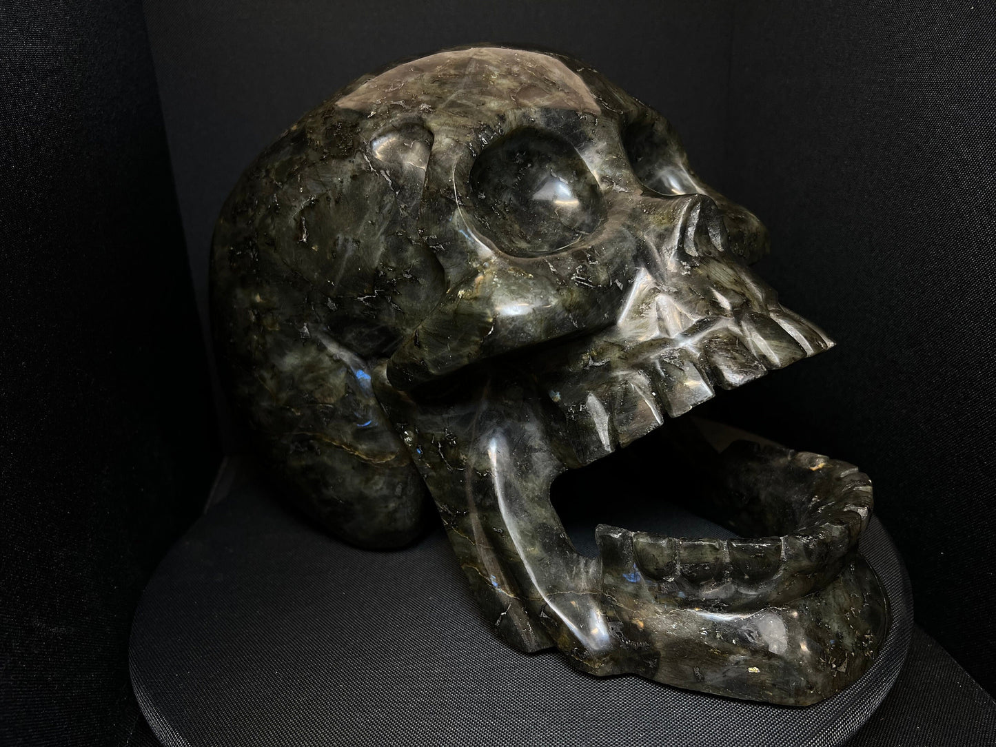 A large Polished Perfectly Carved Skull in Labradorite Stone- Statement Piece, Home Décor