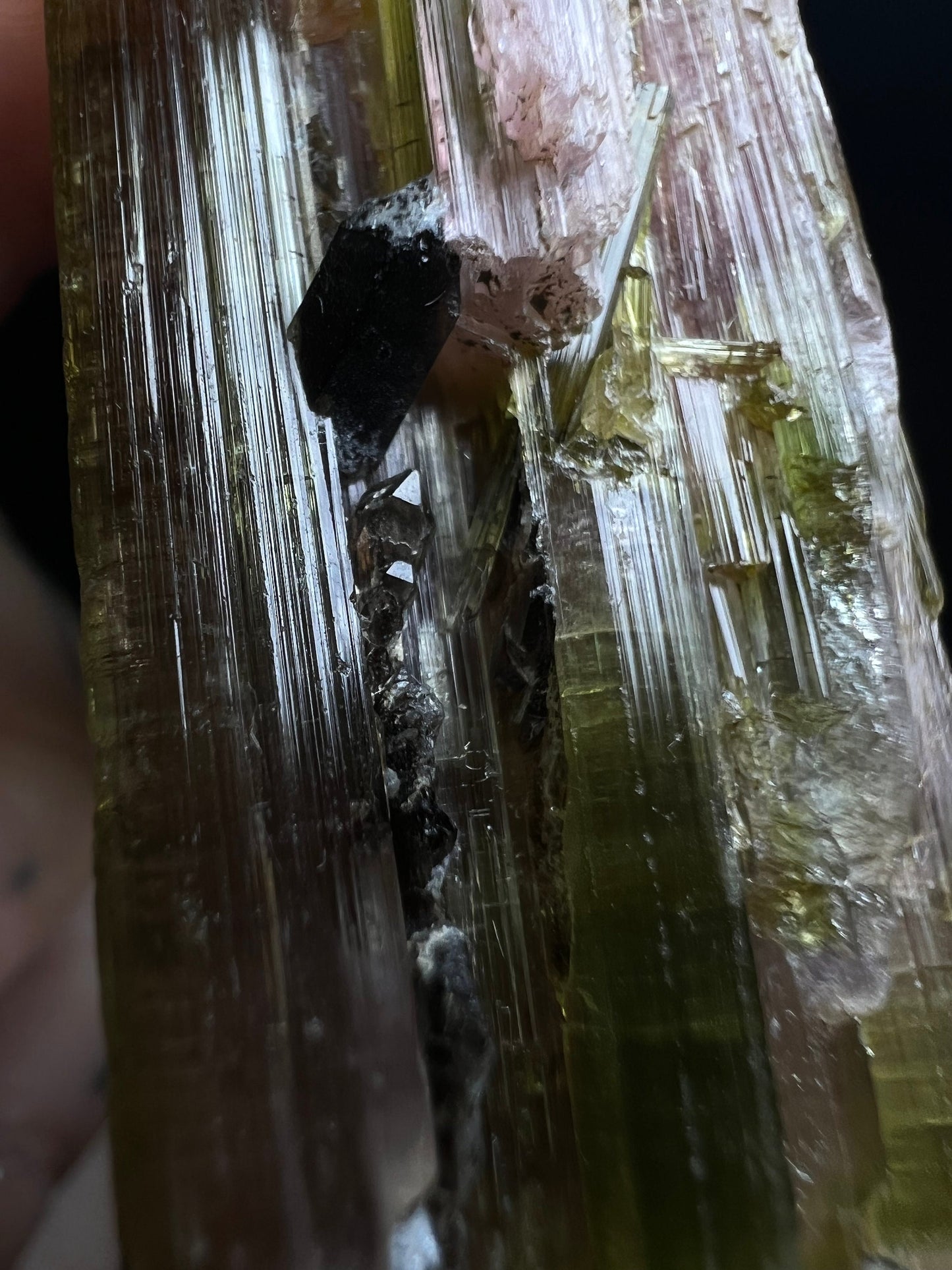 Single Termination Watermelon Tourmaline With Black Tourmaline Piercing Through From Brazil (Self Healed) - Collectors Piece