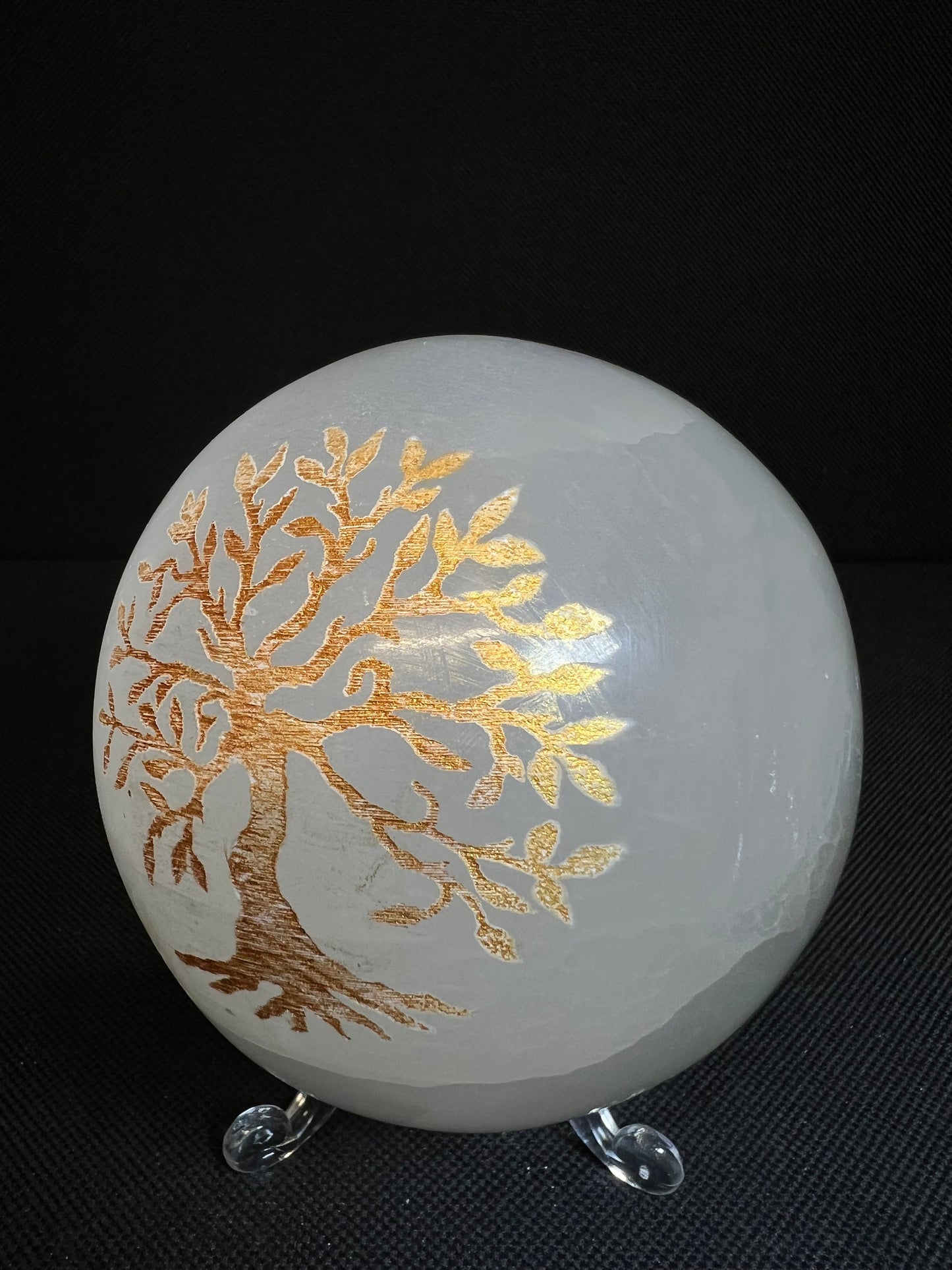 Gold Tree Of Life Carving On A Selenite Sphere- Home Decor, Statement Piece, Gift, Charging Crystal, Crystal Healing