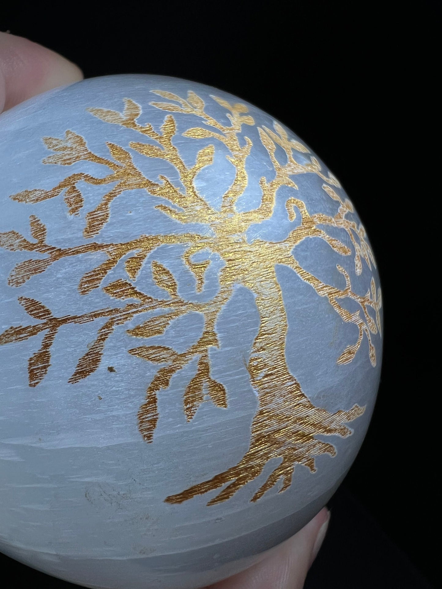Gold Tree Of Life Carving On A Selenite Sphere- Home Decor, Statement Piece, Gift, Charging Crystal, Crystal Healing