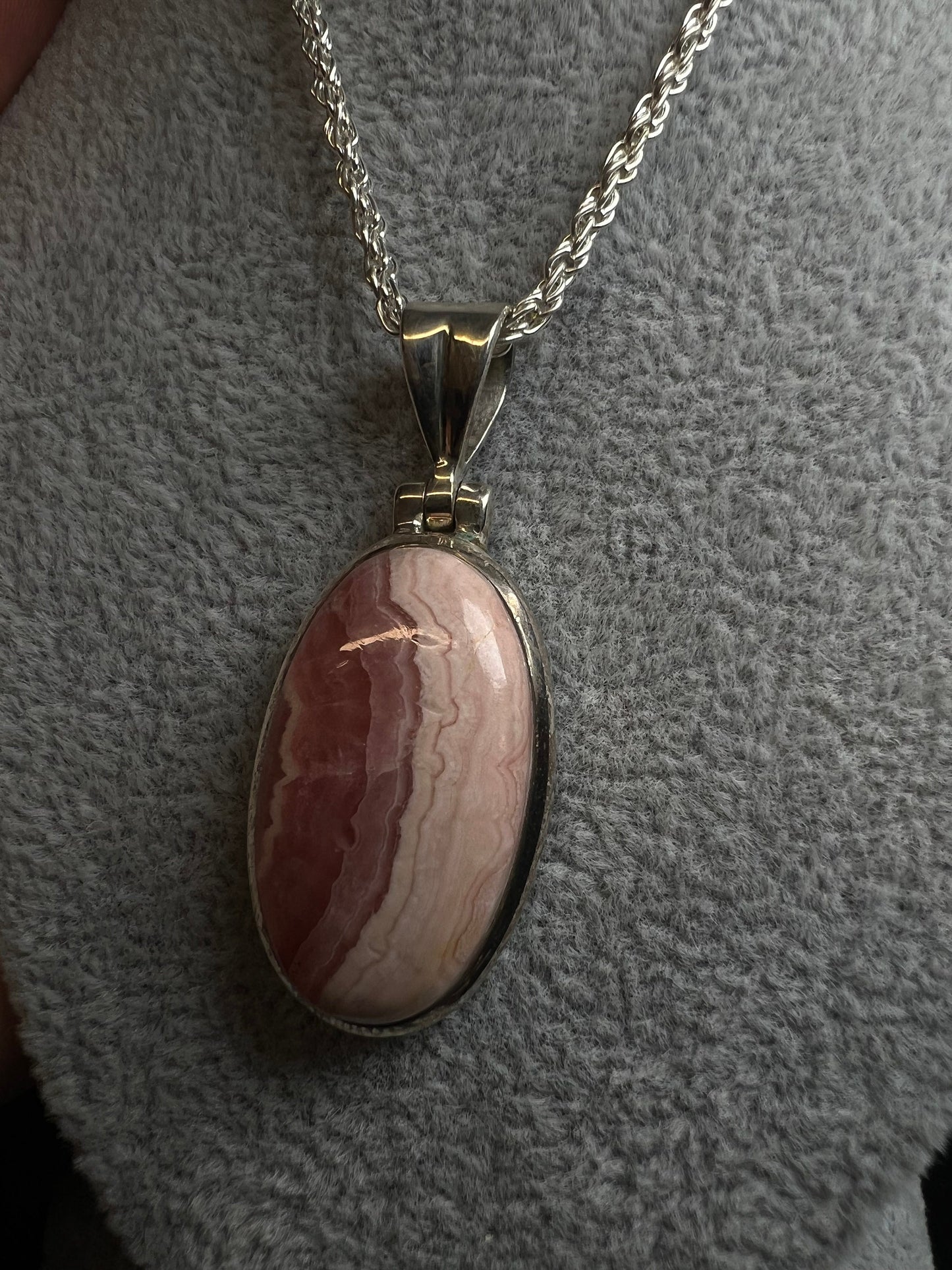 Rhodochrosite Pendant On A Silver Plated, Nickel Free, Rope Chain- Necklace, Jewellery, Gift, Crystal Healing, Statement Piece