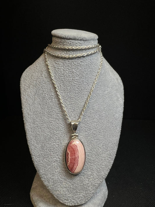 Rhodochrosite Pendant On A Silver Plated, Nickel Free, Rope Chain- Necklace, Jewellery, Gift, Crystal Healing, Statement Piece