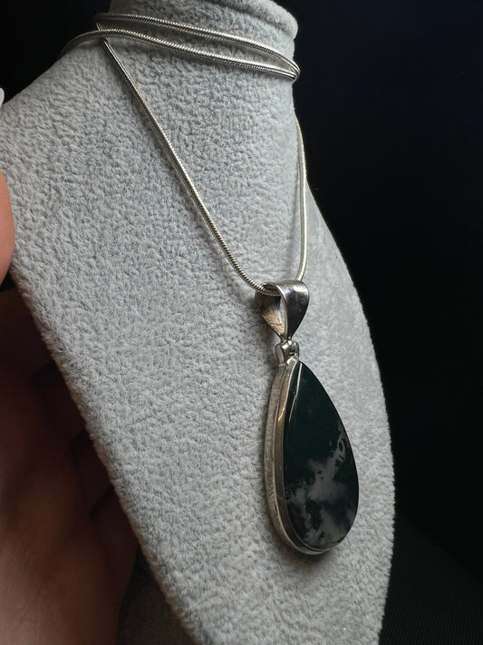 Moss Agate Pendant On A Silver Plated, Nickel Free Snake Chain- Necklace, Jewellery, Gift, Crystal Healing