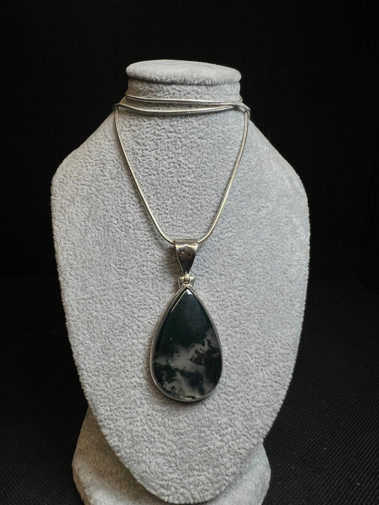 Moss Agate Pendant On A Silver Plated, Nickel Free Snake Chain- Necklace, Jewellery, Gift, Crystal Healing